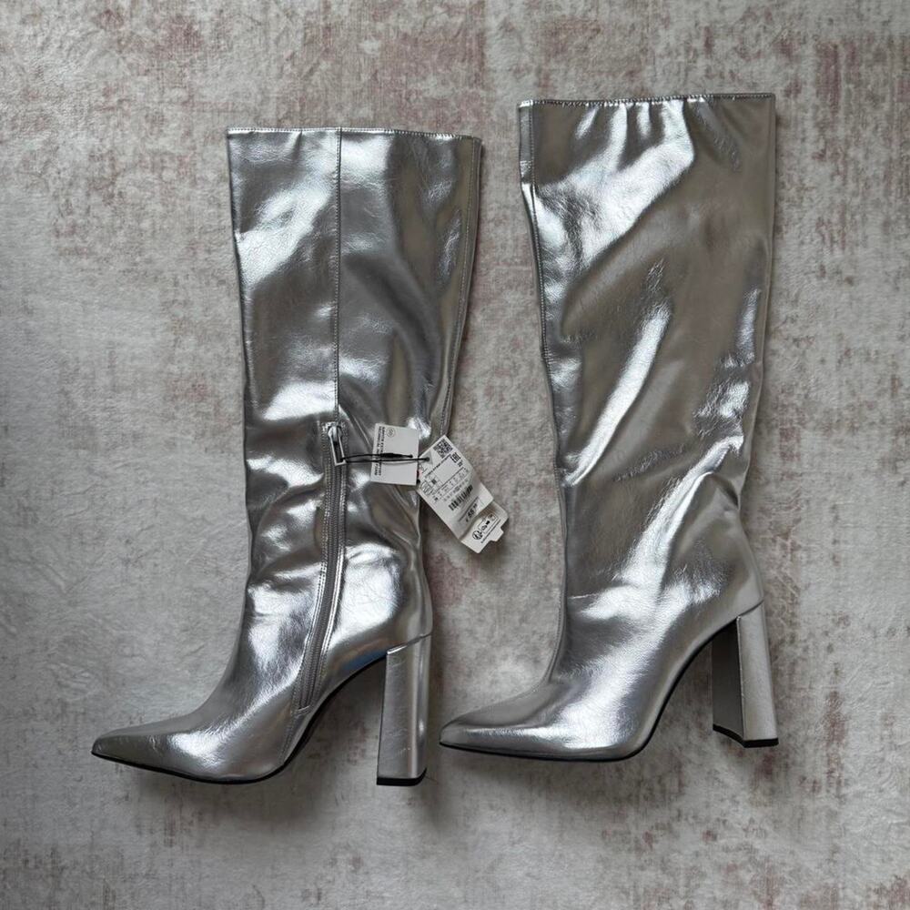 Zara Silver Metallic Knee High Boots with Block Heel
